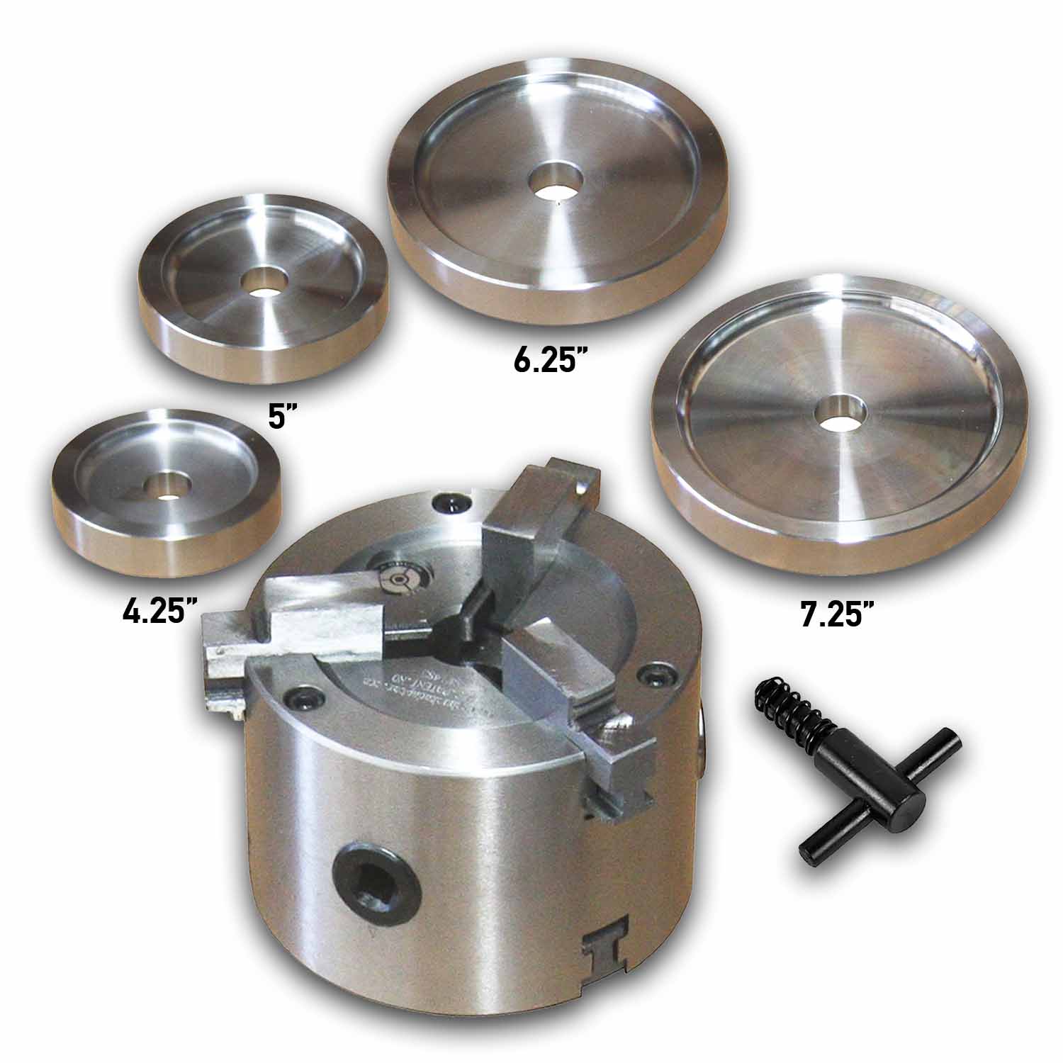 Double Sided Quick Chuck Adapter with Key and 4 Backing Plates (4.25", 5", 6.25", 7.25") Diameters for Brake Lathes