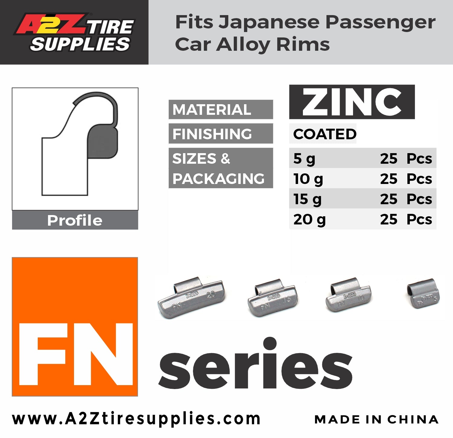FN SET of 5g, 10g, 15g, 20g Rust-Proof Zinc Hammer-On Wheel Weights - (25 Each Size) - a2ztiresupplies