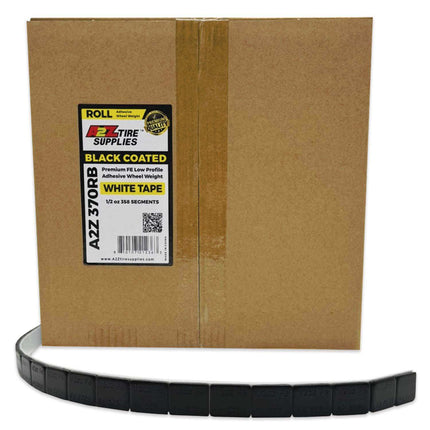 A2Z-370-RB - 1/2 oz Black Steel Adhesive Wheel Weight Roll of 358 - White Tape - A2Z Tire Supplies