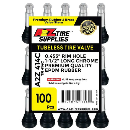 A2Z414C-100 - TR414C 1.5" Tall Snap-in Tire Valve Stems - Chrome Sleeve - 0.453" - A2Z Tire Supplies