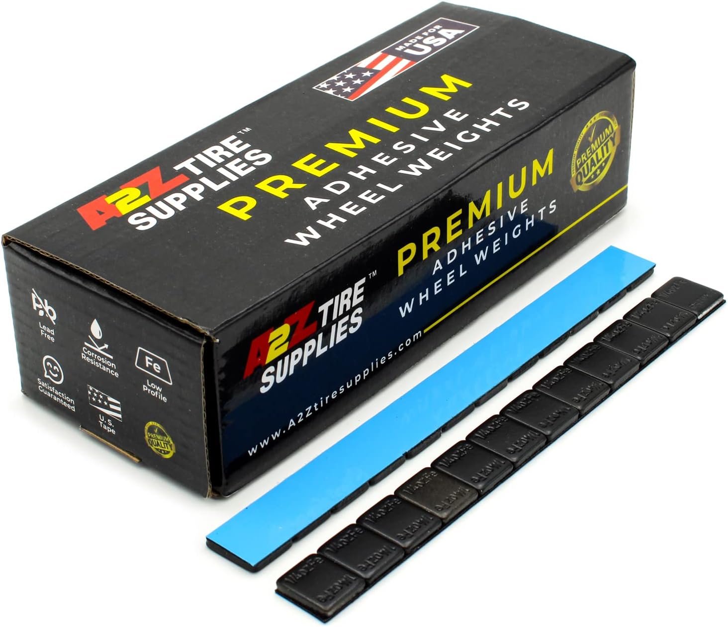 (3,600 PCS)  1/4 oz - Black Coated - Low Profile Steel Adhesive Wheel Weights - Easy Peel - 54 lb Box - 300 Strips (Blue Tape) - a2ztiresupplies