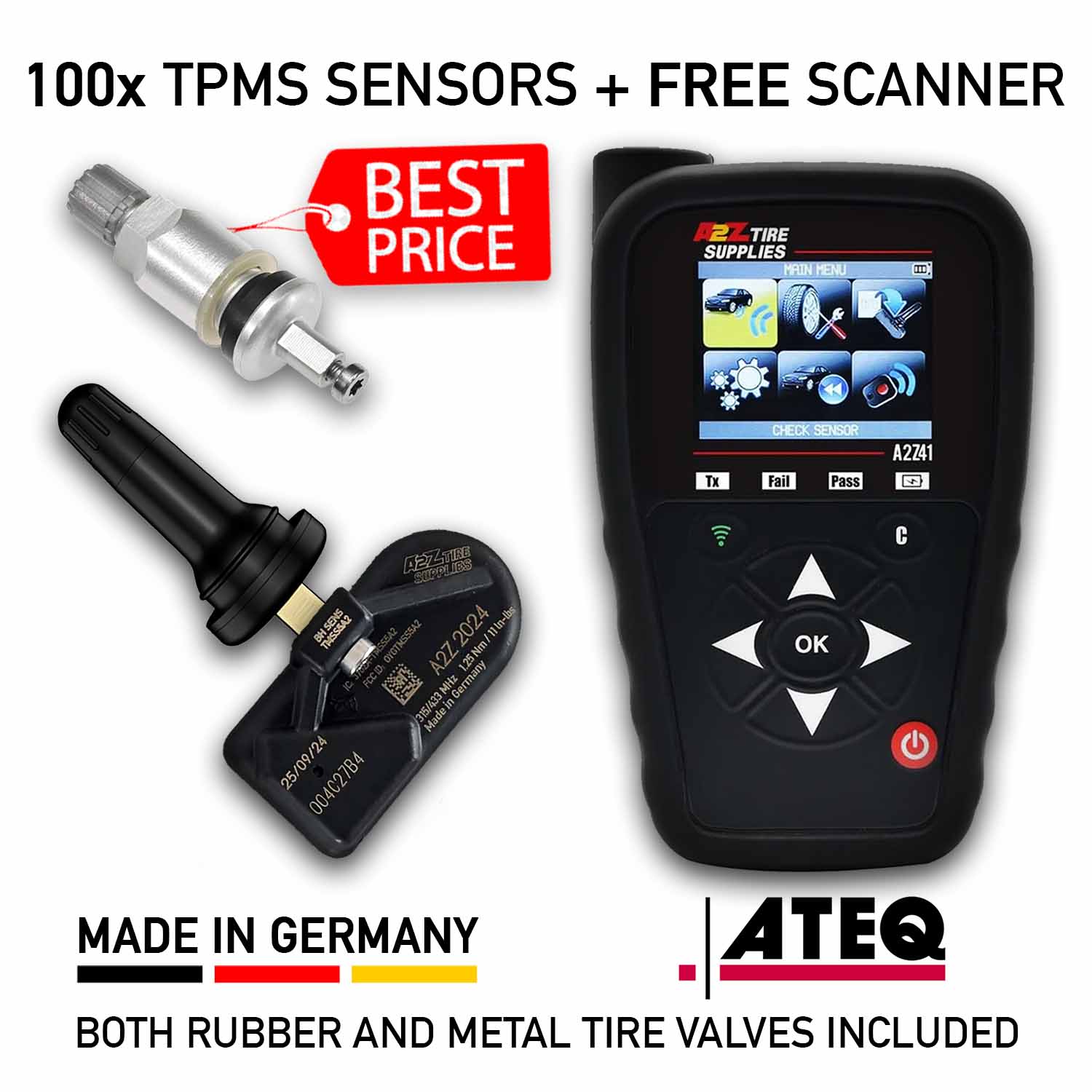 Bulk Offer 100 Dual-Band 315MHz/433MHz TPMS Sensors + 1 Programming Scanner Tool, Made in Germany compatible with 99% of all vehicles
