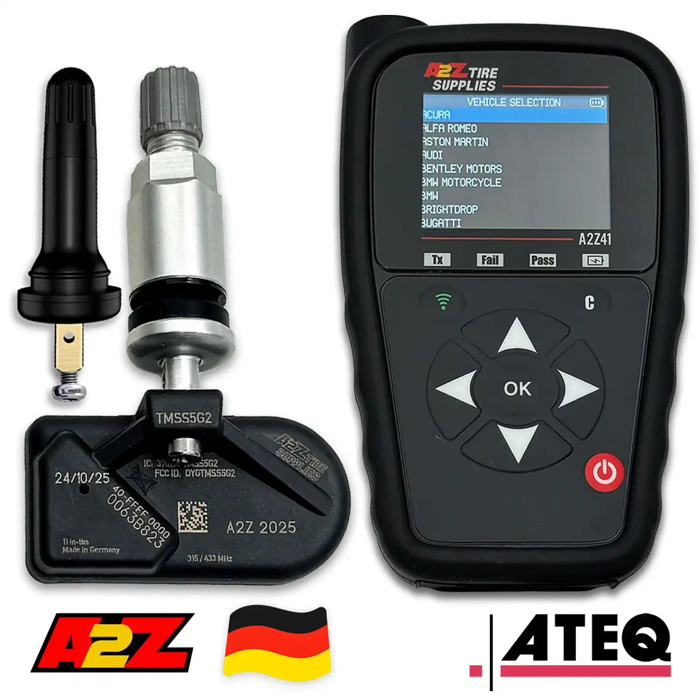 100x A2Z2025 Universal Dual-Band TPMS Sensors + ATEQ DT41 Tool