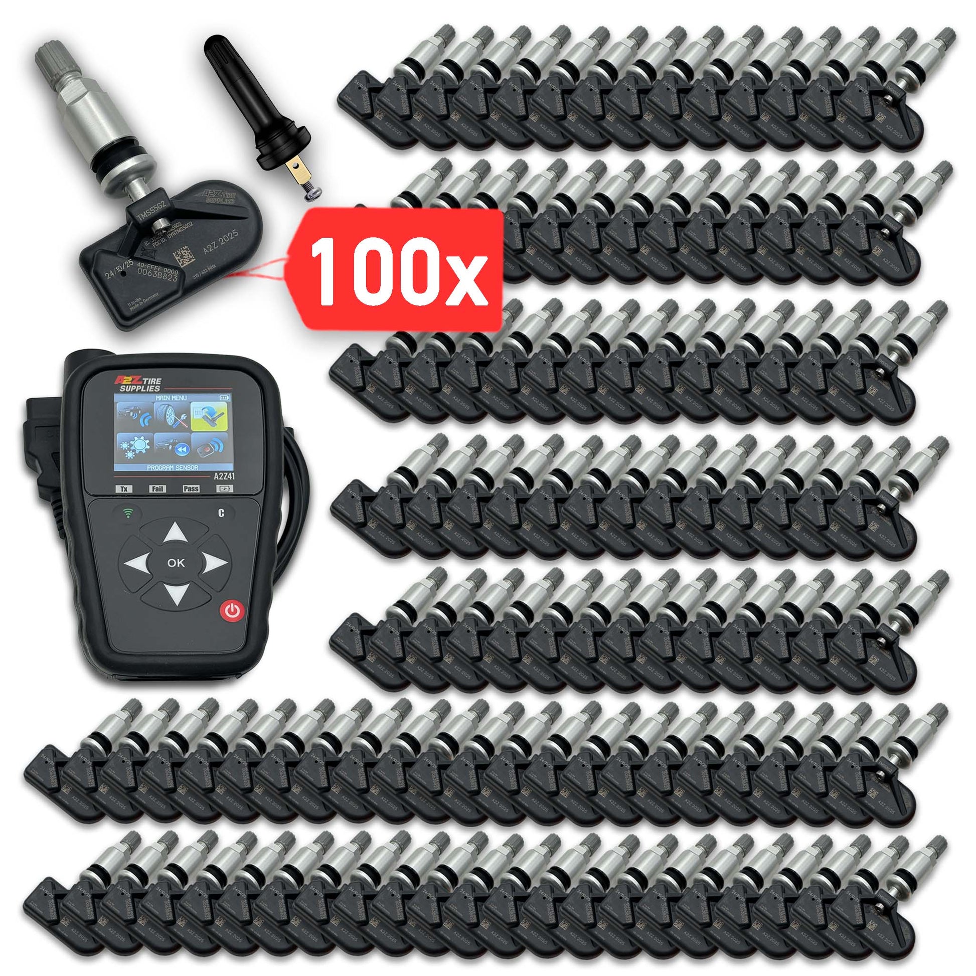 Bulk Offer 100 Dual-Band 315MHz/433MHz TPMS Sensors + 1 Programming Scanner Tool, Made in Germany compatible with 99% of all vehicles