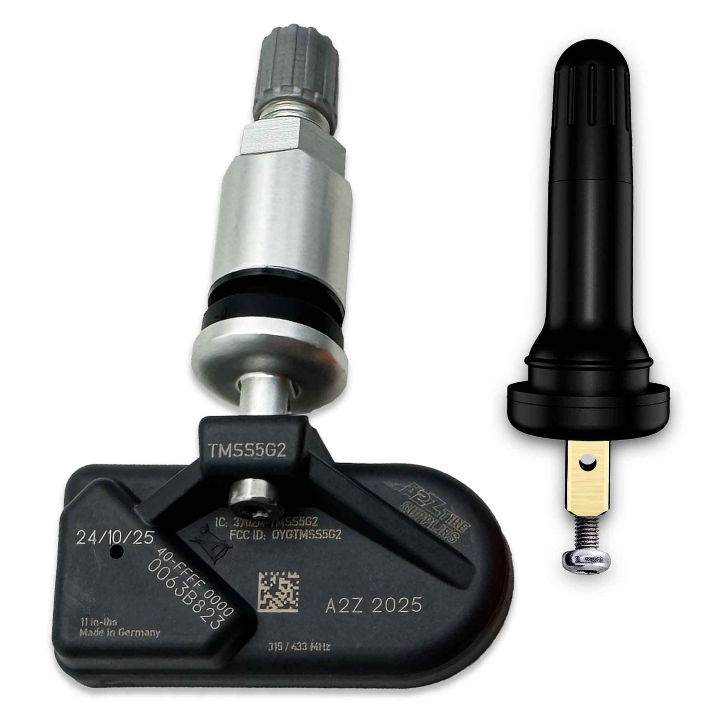 A2Z 2025 Dual-Band TPMS Sensor, Universal Fixed Angle Rubber + Metal Valves (315/433MHz)