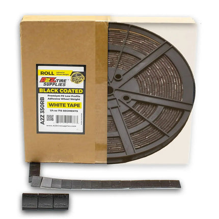 A2Z-350-RB - 1/4 oz Black Steel Adhesive Wheel Weight Roll of 715 - White Tape - A2Z Tire Supplies
