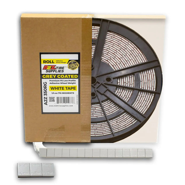 A2Z-350-RG - 1/4 oz Gray Steel Adhesive Wheel Weight Roll of 715 - White Tape - A2Z Tire Supplies