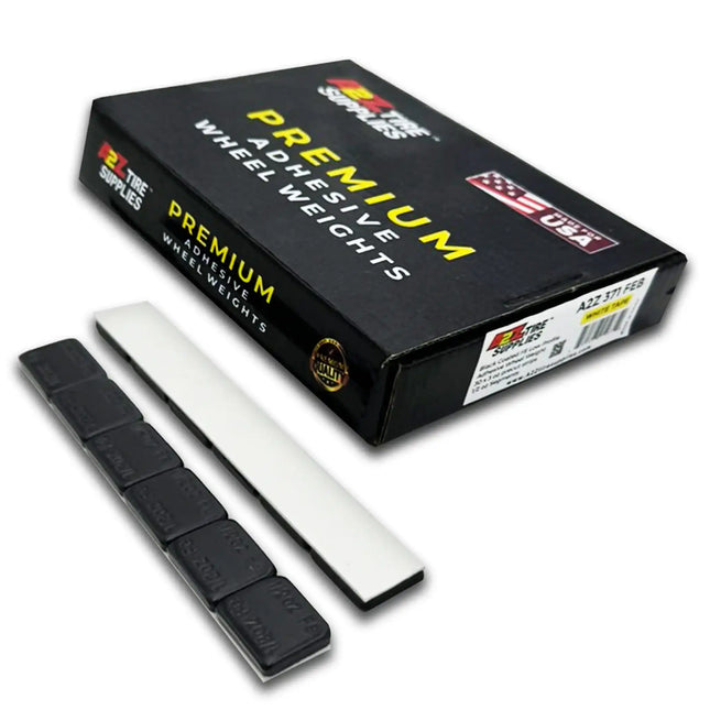 A2Z-371-FEB - 1/2 oz Black Steel Adhesive Wheel Weights Box of 180 - White Tape - A2Z Tire Supplies