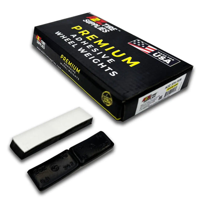 A2Z-375-FEB - 2 oz Black Steel Adhesive Wheel Weights Box of 40 - White Tape - A2Z Tire Supplies