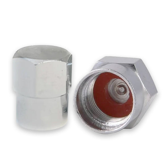 Hexagonal Chrome Metal Tire Valve Stem Caps with Red Rubber O-Ring Seal