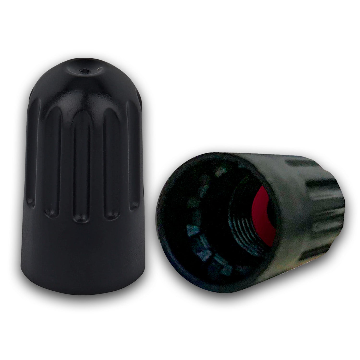 Long Black TPMS Valve Caps with Red Rubber O-Ring Seal 