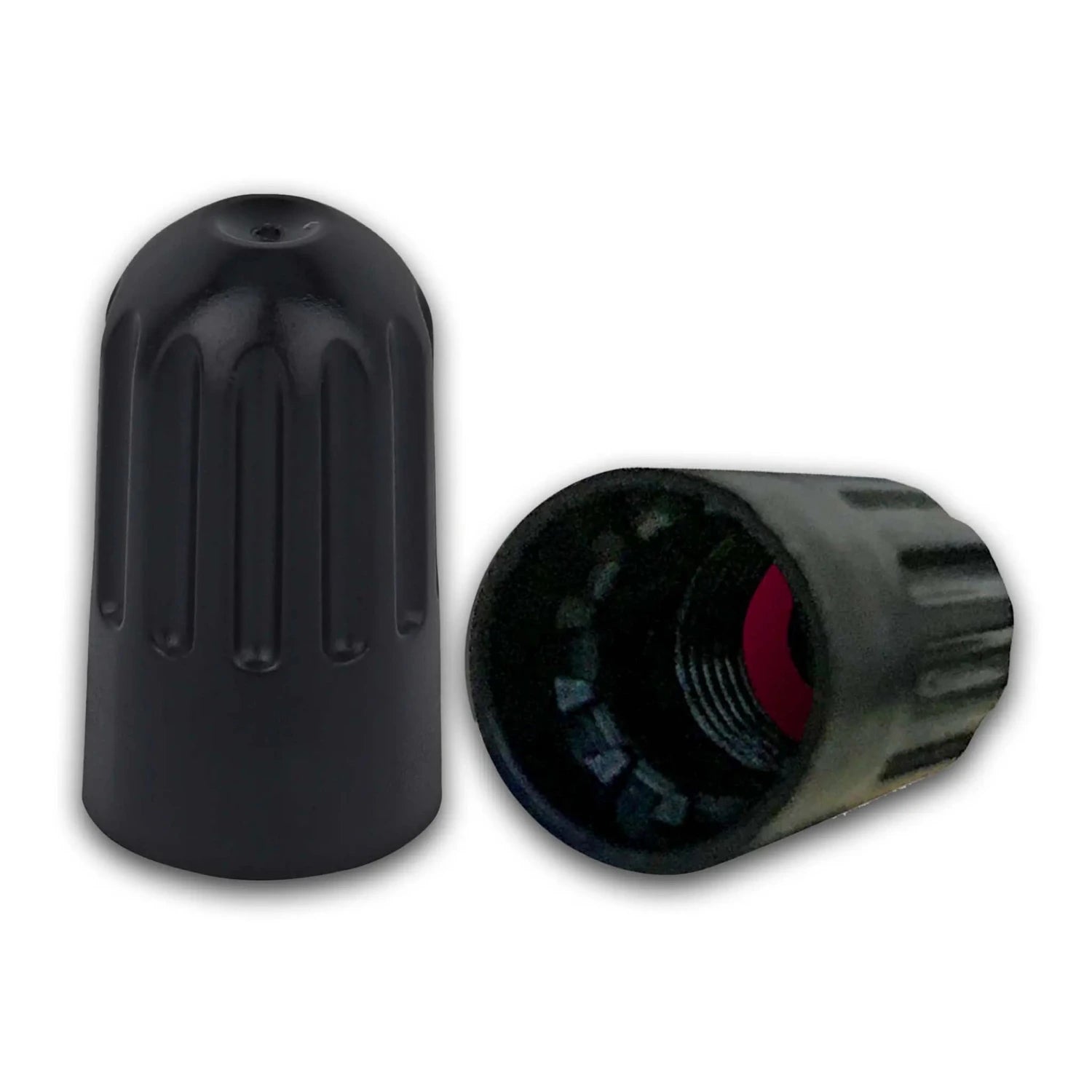 Long Black TPMS Valve Caps with Red Rubber O-Ring Seal 