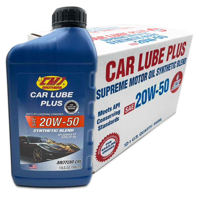 (12-Pack) 1 US-QT Bottles CMJ Brothers® Car Lube Plus SAE 20W-50 Synthetic Blend Engine Oil ILSAC GF-6A
