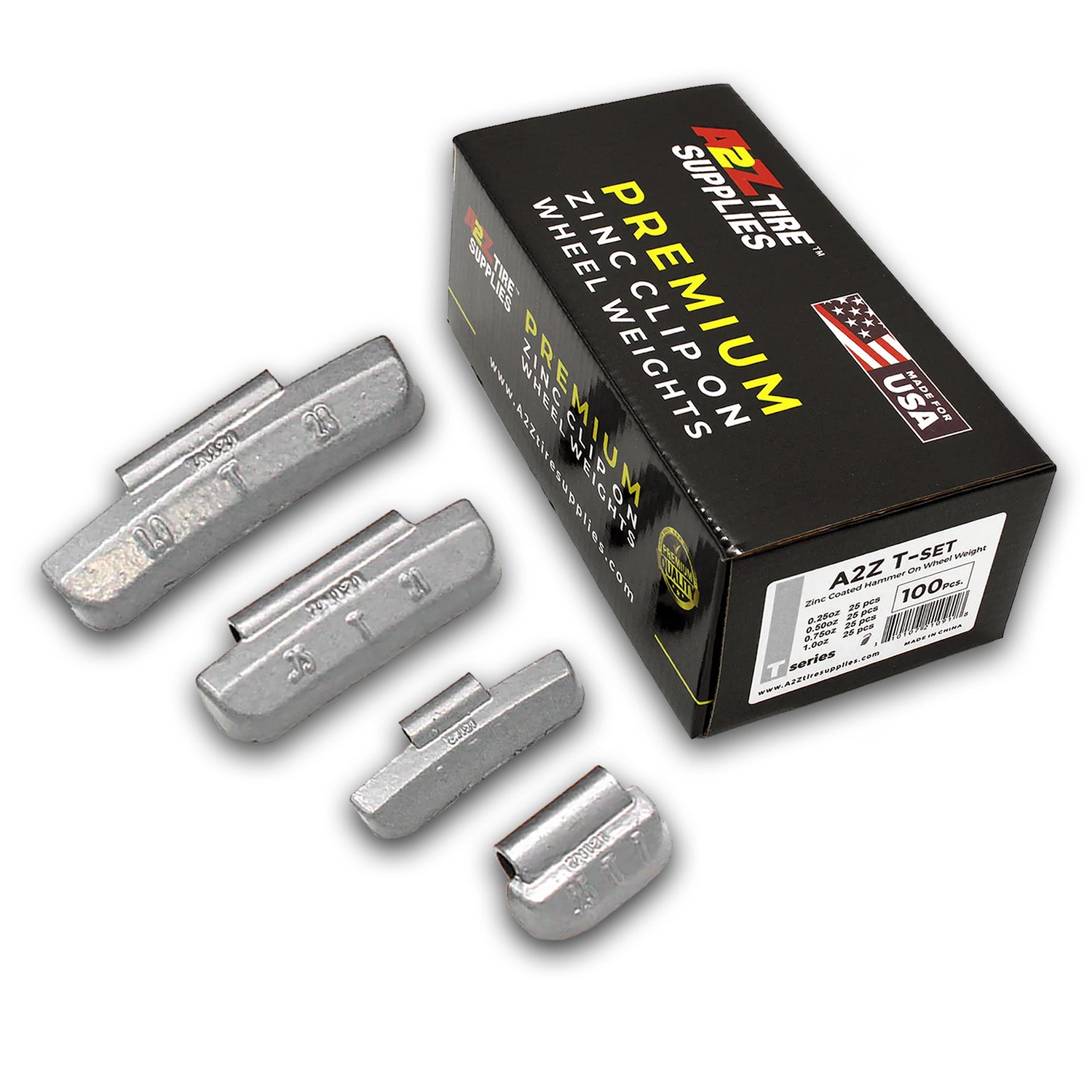 T Clip Shape 0.25oz, 0.5oz, 0.75oz, 1.00oz 25PCS Each size, Rustproof, epoxy coated Hammer on wheel balancing weights for full size truck/SUV steel wheels