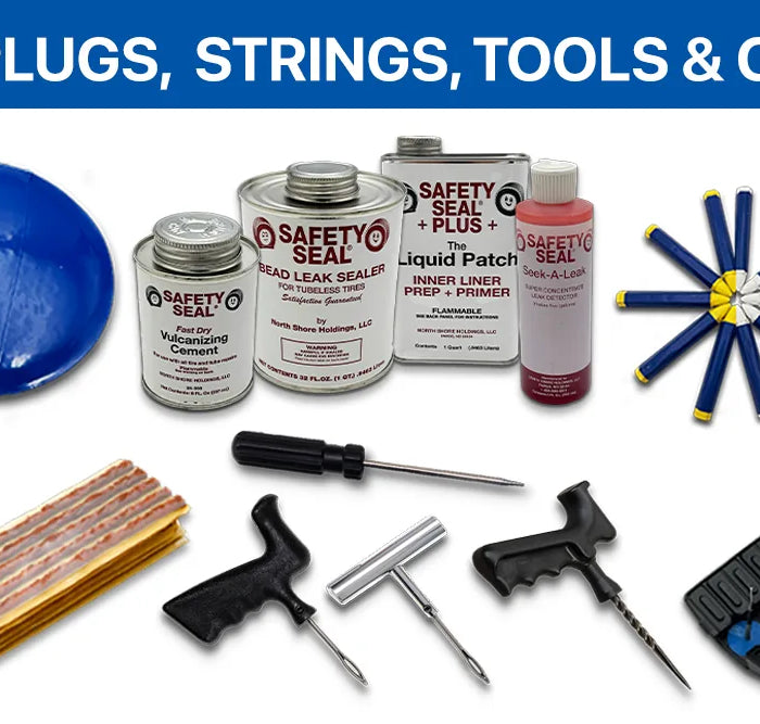 Collection of patches, plugs, strings, tools, and chemicals with a blue banner at the top.