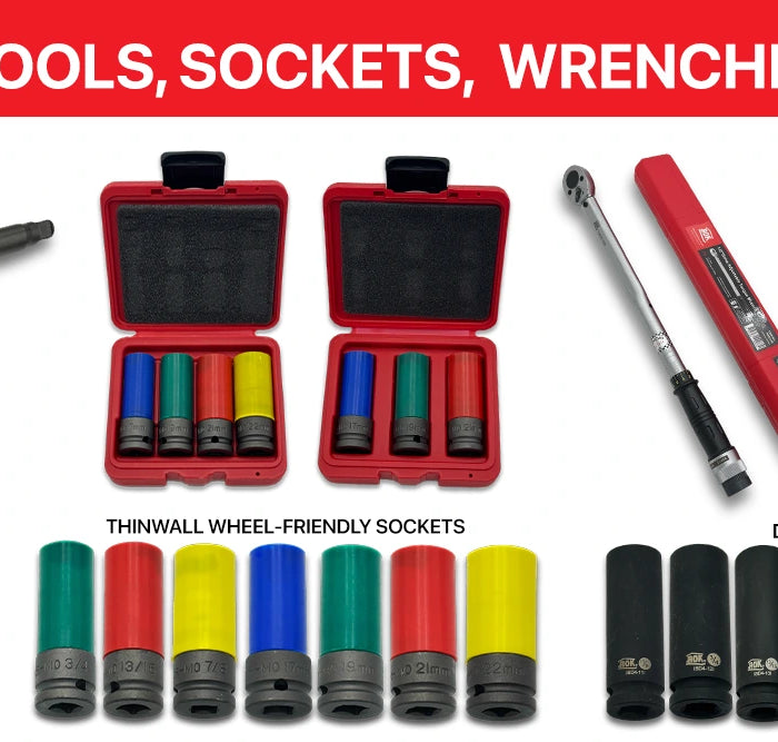 Collection of torque tools, sockets, wrenches, and guns with a red banner at the top.