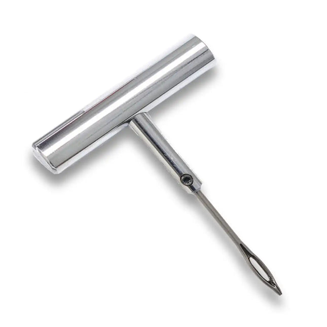 Chrome T-Handle Tire Plug String Insert Tool - Heavy-Duty Metal Split Eye Needle
