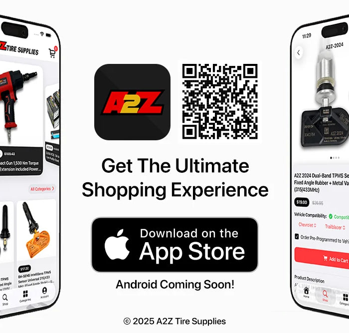 Smartphones displaying an app interface with A2Z Tool Shop branding and QR code.
