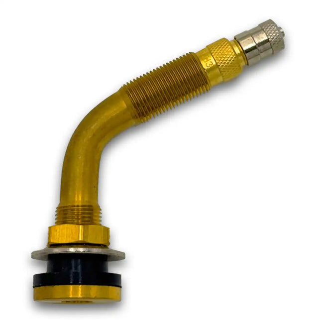 TR621A Brass Clamp-In Tractor Grader Valve Stem 4.5" 65deg. Bend