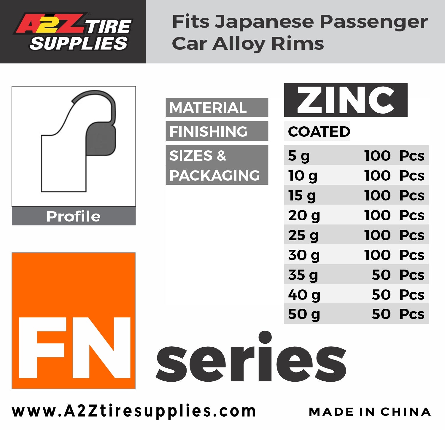 FN Series 50g Rust-Proof Epoxy Coated Zinc Hammer-On Wheel Weights - Box of 50 - a2ztiresupplies