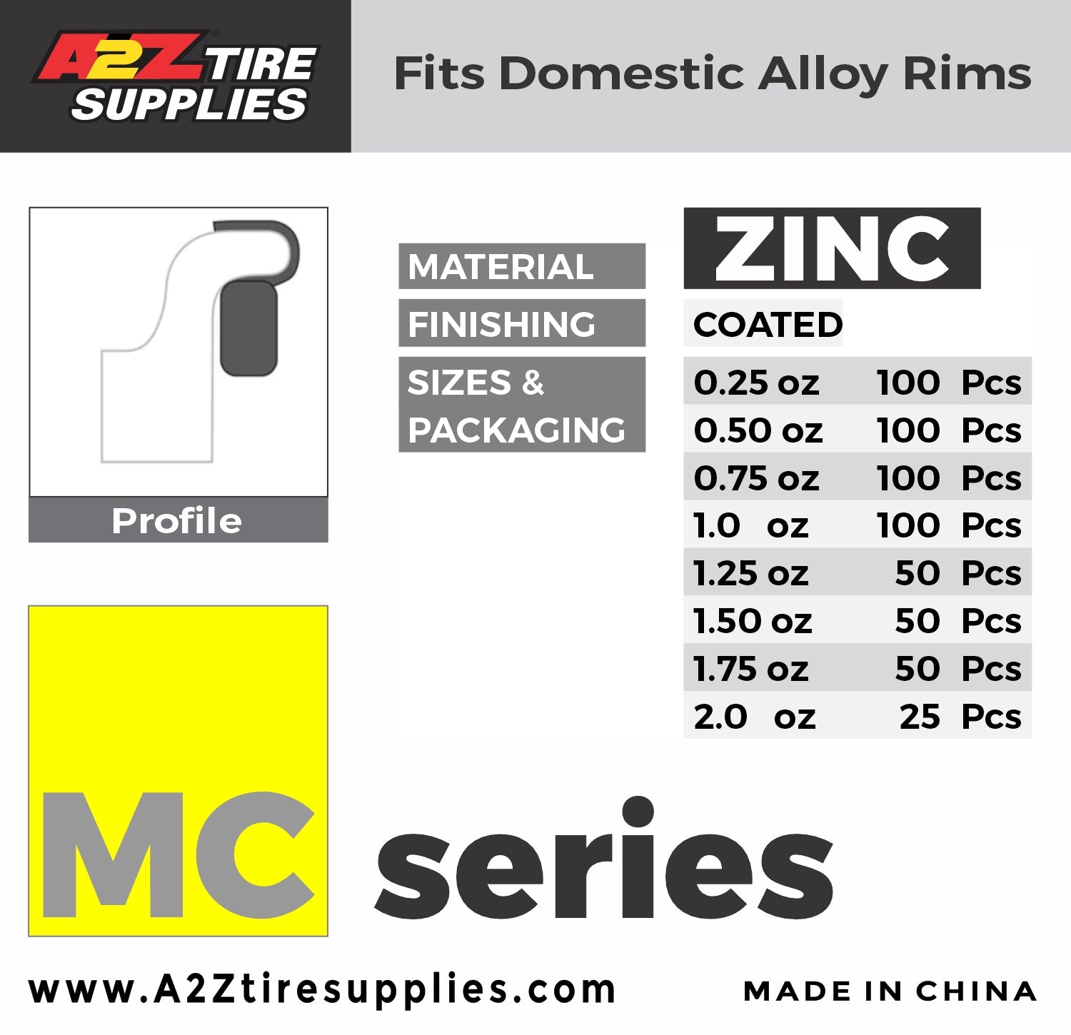 MC Series 2.0‑oz Rust-Proof Epoxy Coated Zinc Hammer‑On Wheel Weights - Box of 25 - a2ztiresupplies