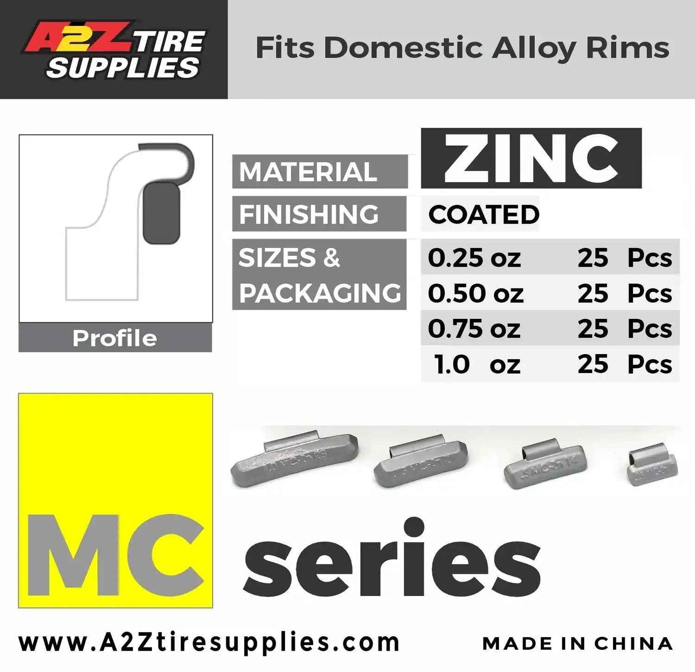 MC Zinc Clip on Wheel Weights Assortment 0.25 0.50 0.75 1.0oz for Domestic Alloy Rims 100 PCS