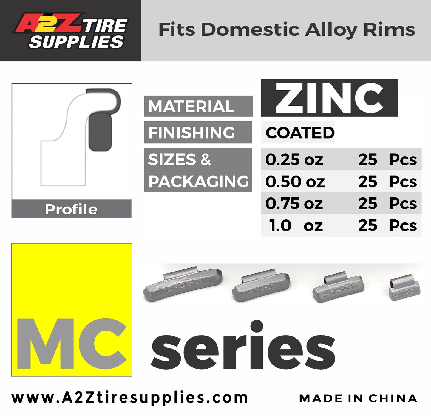 MC SET 0.25-oz, 0.50-oz, 0.75-oz,  1.0-oz Zinc Hammer-On Wheel Weights - (25 Each Size) - a2ztiresupplies