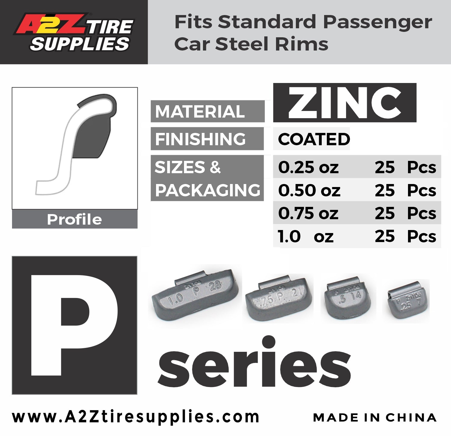 P SET 0.25-oz, 0.50-oz, 0.75-oz, 1.0-oz Zinc Hammer-On Wheel Weights - (25 Each Size) - a2ztiresupplies