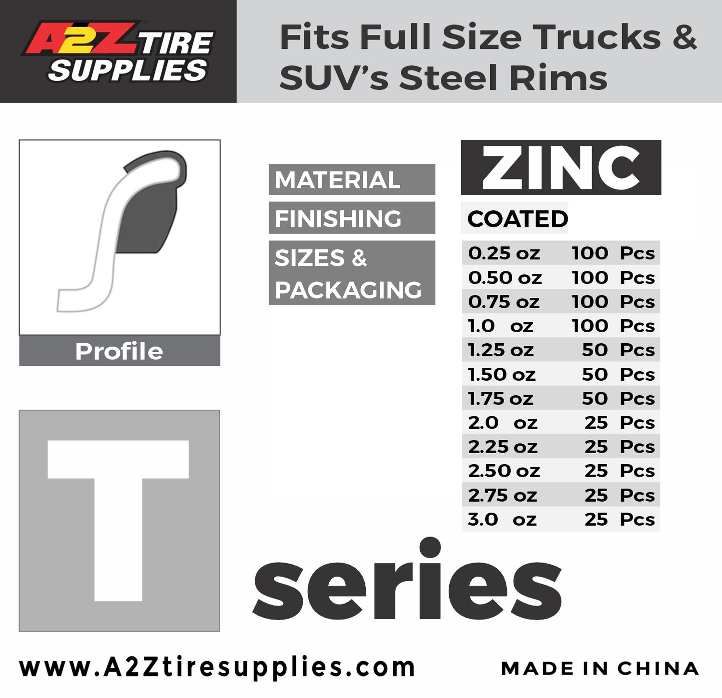 T Series 2.75-oz Rust-Proof Epoxy Coated Zinc Hammer-On Wheel Weights - Box of 25 - a2ztiresupplies