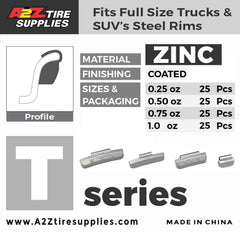 T Zinc Clip on Wheel Weights Assortment 0.25 0.50 0.75 1.0oz for SUV Light Truck Steel Rims 100 PCS