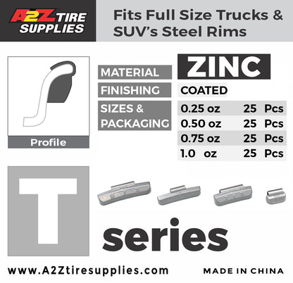 T SET 0.25-oz, 0.50-oz, 0.75-oz, 1.0-oz Zinc Hammer-On Wheel Weights - (25 Each Size) - a2ztiresupplies