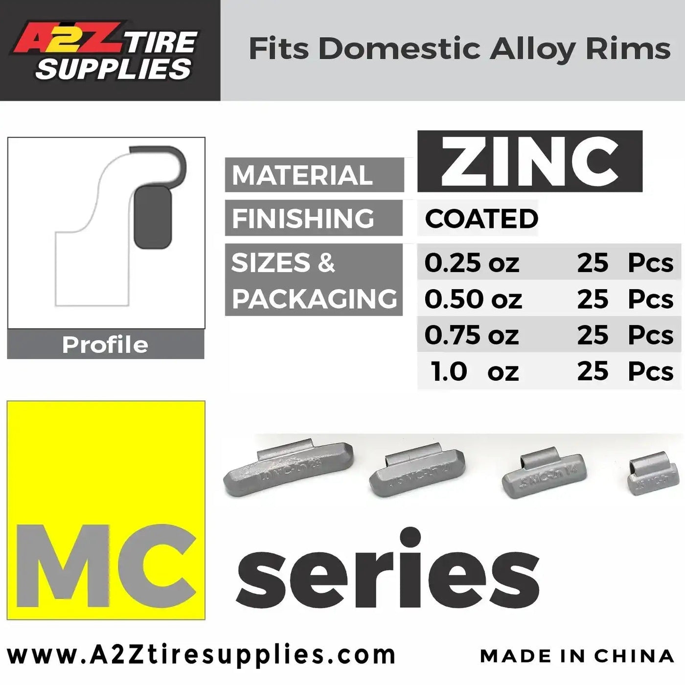 MC Zinc Clip on Wheel Weights Assortment 0.25 0.50 0.75 1.0oz for Domestic Alloy Rims 100 PCS, additional view 3