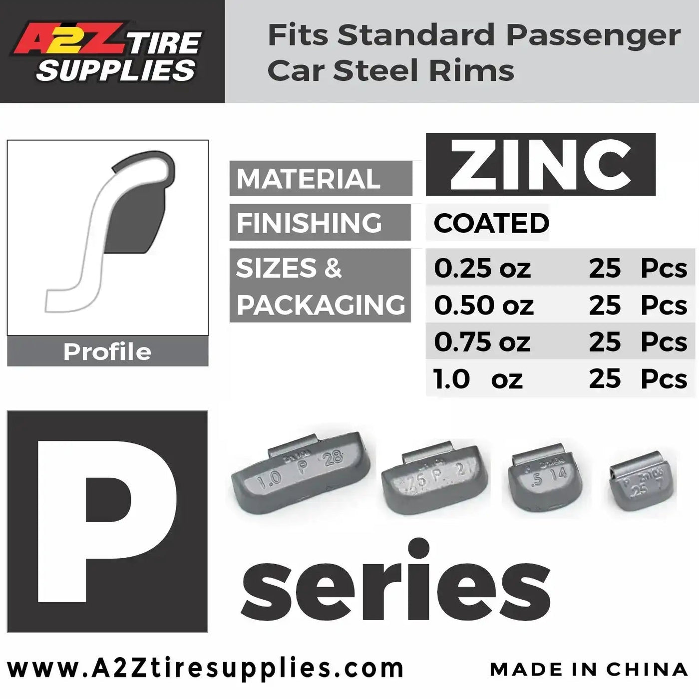 P Zinc Clip on Wheel Weights Assortment 0.25 0.50 0.75 1.0oz for Passenger Steel Rims 100 PCS, additional view 3