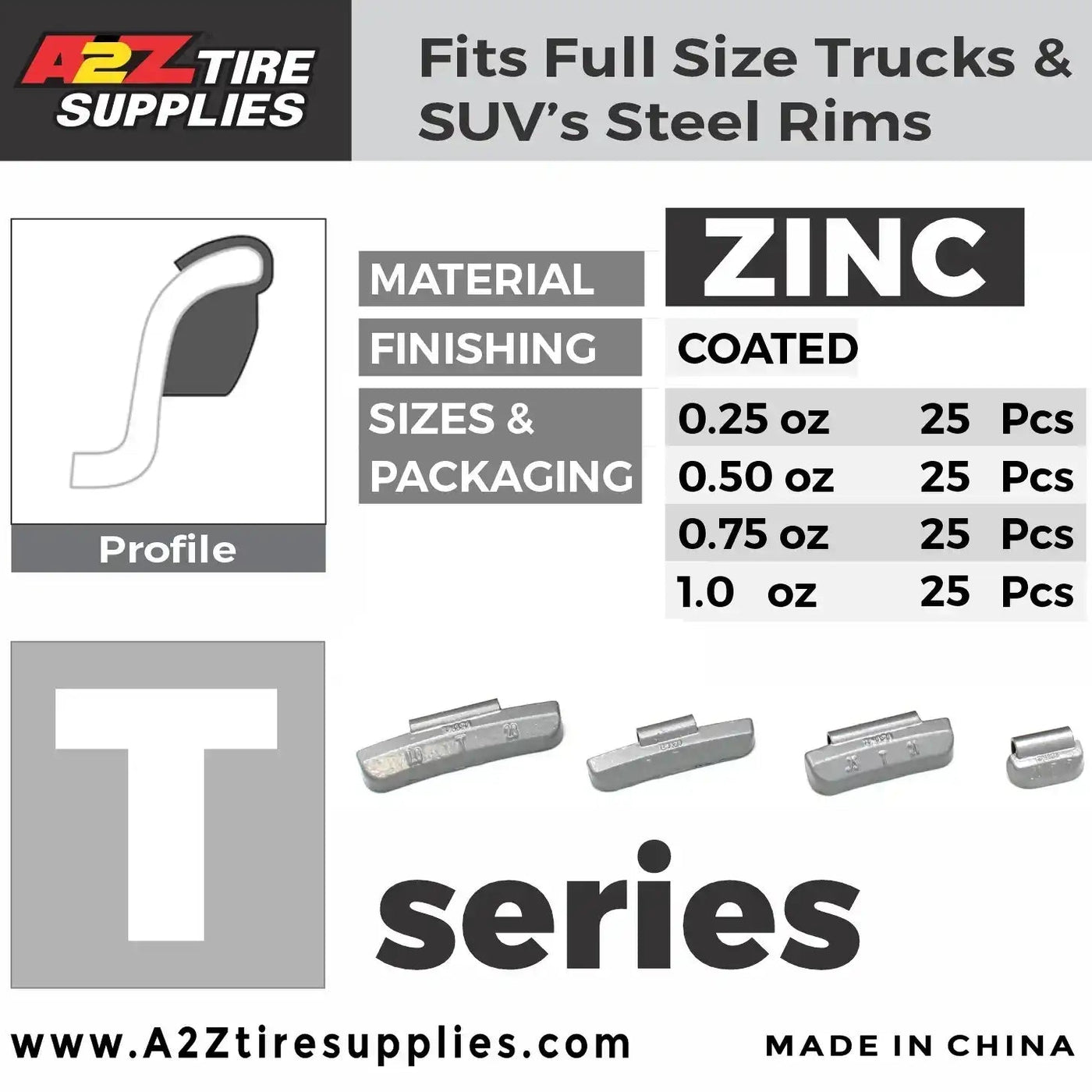 T Zinc Clip on Wheel Weights Assortment 0.25 0.50 0.75 1.0oz for SUV Light Truck Steel Rims 100 PCS, additional view 3