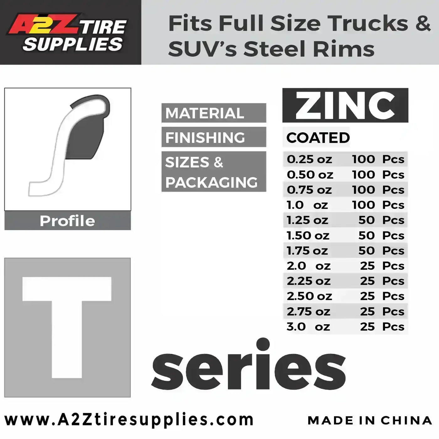 T zinc clip-on wheel weights for SUV and light truck steel rims